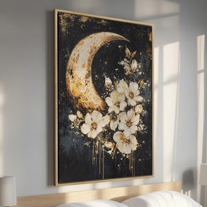 Mystical Celestial Art - Framed Canvas Print, Crescent Moon and Flowers Canvas Wall Art, Romantic Decor - Perfect for Her, Ready to Hang