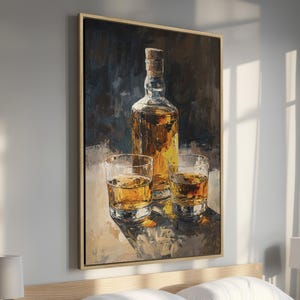 Vintage Whiskey Bottle and Glasses - Framed Canvas Print, Alcohol Beverage Canvas Wall Art, Classic Masculine Decor for Bar, Ready to Hang