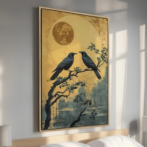Mystical Raven Framed Canvas Print, Black Bird on Branch Canvas Wall Art, Crow with Mystic Moon Poster, Minimalist Wall Decor, Ready to Hang
