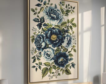 May include: A framed canvas print featuring a floral bouquet of blue and white flowers with green leaves on a cream background.