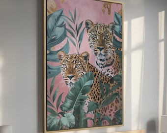 Leopardo entre hojas tropicales - Lienzo enmarcado, Arte abstracto de la selva para pared, Animal exótico - Decoración de vida silvestre, Idea de regalo perfecta, Listo para colgar