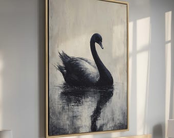 May include: A black swan painting on canvas with a white background. The swan is swimming in a body of water with ripples. The painting is framed in a gold frame.