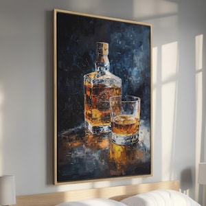 Stylish Whiskey Bottle and Glass - Framed Canvas Print, Alcohol Drink Canvas Wall Art, Trendy Decor for Bar - Gift for Him, Ready to Hang