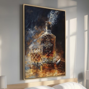Whiskey and Cigar with Smoky - Framed Canvas Print, Decanter and Glass of Alcohol Drink Canvas Wall Art, Bar Wall Decor, Ready to Hang
