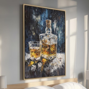 Whiskey in Decanter and Glass - Abstract Framed Canvas Print, Modern Alcohol Canvas Wall Art, Man Drink Wall Decor for Bars, Ready to Hang