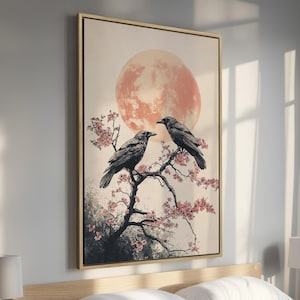 Full Moon and Cherry Blossoms - Raven Framed Canvas Print, Mystical Lunar - Dark Aesthetic Canvas Wall Art, Decor for Home, Ready to Hang