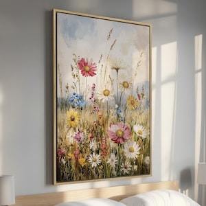 Wildflower Meadow - Daisies Framed Canvas Print, Vibrant Floral Canvas Wall Art Decor - Botanical Nature Artwork for Home,  Ready to Hang