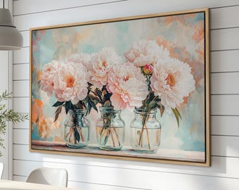 Exquisito ramo de peonías rosas en jarrón - Lienzo enmarcado, bella obra de arte botánica para pared, decoración floral para la cocina, listo para colgar