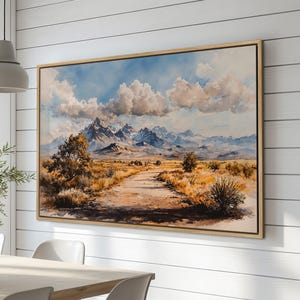Paysage de montagne panoramique - Impression sur toile encadrée, art mural ciel nuageux et nature sauvage, décoration de route de campagne - Idée cadeau, prête à accrocher