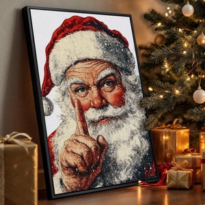 Santa Claus Shushing Gesture Framed Canvas Wall Art Vintage Santa Painting Print Christmas Decor Traditional Festive Poster Ready to Hang