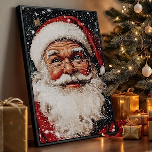 Classic Santa Claus Portrait Framed Canvas Wall Art Santa Painting Print Christmas Wall Decor Winter Holiday Poster Ready to Hang Xmas Gift