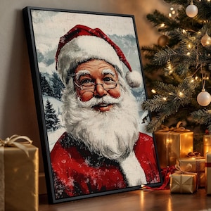 Cheerful Santa Claus Portrait Framed Canvas Wall Art Traditional Santa Painting Print Vintage Christmas Decor Holiday Poster Ready to Hang