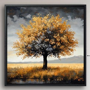 Árbol solitario bajo un cielo dramático, lienzo enmarcado, arte de pared, pintura de paisaje otoñal, decoración de pared otoñal, póster de naturaleza moderna listo para colgar