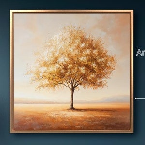 Lienzo enmarcado con árbol pacífico, arte de pared, pintura de árbol dorado, impresión vibrante, decoración de pared de otoño, póster de paisaje otoñal sereno, listo para colgar, regalo