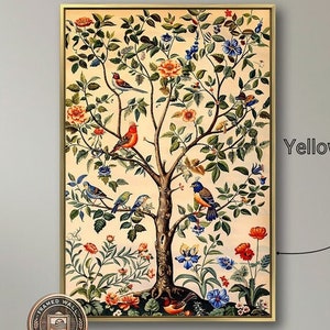 Lienzo enmarcado con pájaros cantores coloridos, arte de pared, pintura del árbol de la vida, decoración de pared floral, obra de arte de pájaros exóticos, póster de arte natural listo para colgar