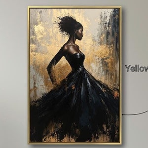 Beautiful Woman in Dress Framed Canvas Wall Art Abstract Fashion Painting Print Sophisticated Decor Black and Gold Art Poster Ready to Hang