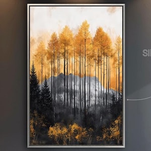Lienzo enmarcado con diseño de bosque abstracto, arte de pared, pintura de árboles, impresión, decoración de pared de naturaleza, póster de paisaje de bosques, obra de arte de cordillera lista para colgar