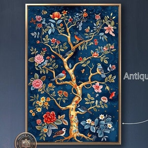 Vibrant Tree of Life Framed Canvas Wall Art Colorful Birds and Flowers Painting Print Nursery Wall Decor Fine Songbirds Poster Ready to Hang