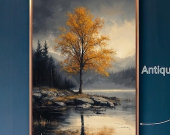 May include: A painting of a golden tree in a forest setting, with a lake in the background. The painting is framed in antique gold.