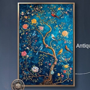 Lienzo enmarcado con pájaros cantores posados sobre ramas, arte de pared, pintura de árbol floral vibrante, impresión colorida, decoración de pared, póster de pájaros pequeños listo para colgar