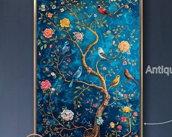Perched Songbirds on Branches Framed Canvas Wall Art Vibrant Floral Tree Painting Print Colorful Wall Decor Small Birds Poster Ready to Hang