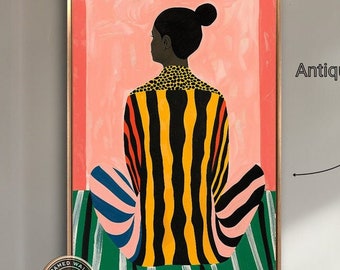 May include: A colorful abstract painting of a person sitting with their back to the viewer. The person is wearing a yellow and black striped shirt with a pink and blue striped skirt. The background is a light pink color. The painting is framed in a gold frame.