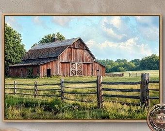 May include: A framed canvas print of a red barn with a wooden fence in a field. The barn has a wooden door and windows. The sky is blue with white clouds. The print is in a white oak frame.