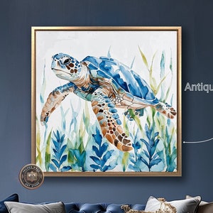 Tortue de mer vibrante encadrée, impression sur toile, vie marine, toile, art mural, scène de l'océan, peinture, impression d'animaux aquatiques, déco cadeau, prêt à accrocher