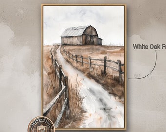 May include: A watercolor painting of a rustic barn with a dirt road leading to it. The barn is brown and has a white roof. The road is lined with a wooden fence. The painting is framed in a white oak frame.