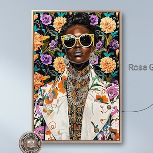 Bold Fashion Black Woman Framed Canvas Print Fashion Model Canvas Wall Art Luxury Abstract Painting Print Floral Decor Gift Ready to Hang