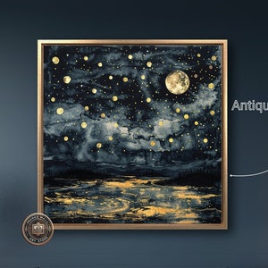 Impresión en lienzo enmarcada con cielo iluminado por la luna lleno de estrellas, arte de pared celestial, pintura abstracta en negro y dorado, decoración mística lista para colgar