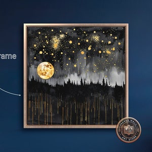 Mystical Moonlight Forest Framed Canvas Wall Art Abstract Night Sky Painting Print Celestial Wall Decor Moon and Stars Poster Ready to Hang