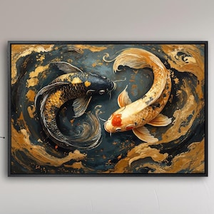 Japanese Koi Fish Framed Canvas Wall Art Yin Yang Painting Print Bedroom Decor Balance and Harmony Poster Modern Zen Artwork Ready to Hang