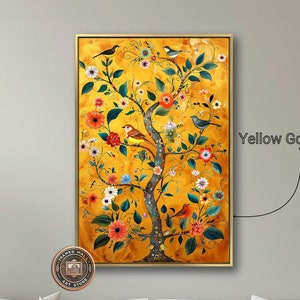 Lienzo enmarcado con pájaros en un árbol floreciente, arte de pared, pintura floral vibrante, impresión grande, decoración de pared botánica, póster de flores coloridas listo para colgar