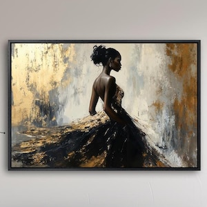 Elegant Black Woman in Dress Framed Canvas Wall Art Modern Abstract Painting Print Afrocentric Wall Decor Fashion Poster Ready to Hang Gift