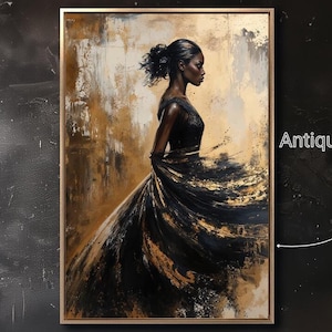 Woman in Flowing Dress Framed Canvas Wall Art Black and Gold Abstract Painting Print Modern Fashion Decor Female Beauty Poster Ready to Hang
