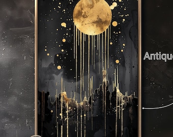Abstract Gold Moon Framed Canvas Print Black Night Sky Canvas Wall Art Modern Celestial Painting Print Mystical Decor Gift Ready to Hang