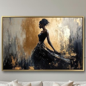 Elegant Black Woman in Dress Framed Canvas Wall Art Abstract Fashion Painting Print Stylish Wall Decor Luxury Artwork Ready to Hang Gift