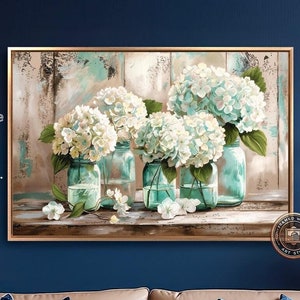 White Hydrangeas Framed Canvas Print Flowers in Blue Jars Canvas Wall Art Rustic Floral Painting Print Shabby Chic Decor Ready to Hang