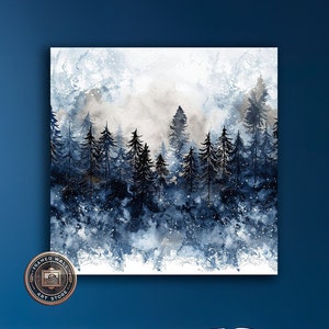 Lienzo enmarcado con diseño de bosque invernal, arte de pared con pinos nevados, pintura de acuarela, impresión, decoración de pared de granja, póster de paisaje natural listo para colgar