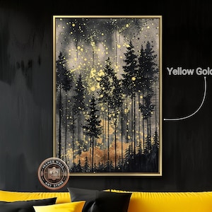 Impresión de pintura de bosque, impresión en lienzo enmarcada, pinos místicos, lienzo abstracto, arte de pared, decoración de bosque encantado en dorado y negro, lista para colgar