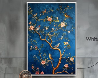 Exquisite Botanical Framed Canvas Print Little Colorful Birds Canvas Wall Art Lush Foliage Pink Blossoms Painting Print Decor Ready to Hang