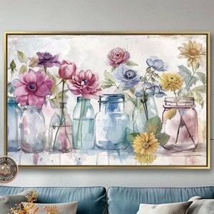 Wildflowers in Jars Framed Canvas Print Spring Flowers Canvas Wall Art Botanical Watercolor Painting Print Farmhouse Decor Ready to Hang