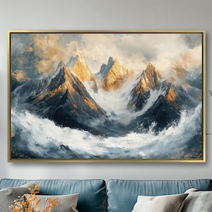 Snowy Mountains Framed Canvas Wall Art Winter Mountain Landscape Painting Print Living Room Decor Serene Nature Scenery Poster Ready to Hang