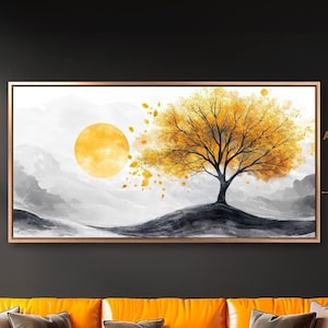 Lienzo enmarcado con diseño de árbol y sol con hojas doradas, arte de pared, pintura de paisaje otoñal, decoración de pared serena, póster de naturaleza abstracta, listo para colgar, regalo