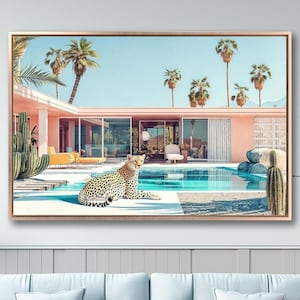 Lienzo enmarcado con impresión de villa de lujo rosa con piscina y guepardo, arte de pared, póster moderno de mediados de siglo, decoración con vibraciones tropicales, listo para colgar