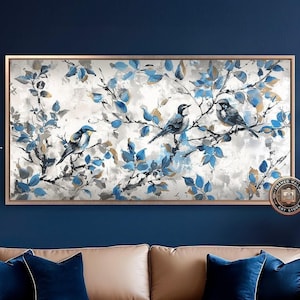 Hermoso lienzo enmarcado con tres pájaros, hojas azules en las ramas de los árboles, arte de pared, pintura de vida silvestre, impresión, decoración natural, listo para colgar