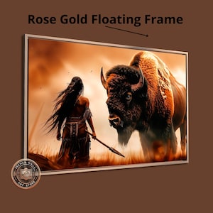Powerful Warrior and Buffalo Framed Canvas Wall Art Native American Art Print Inspirational Wall Decor Bison Large Poster Ready to Hang Gift Rose Gold Frame