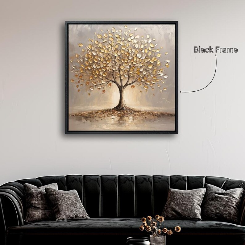 Serene Gold Leaf Tree Framed Canvas Wall Art Modern Abstract Painting ...