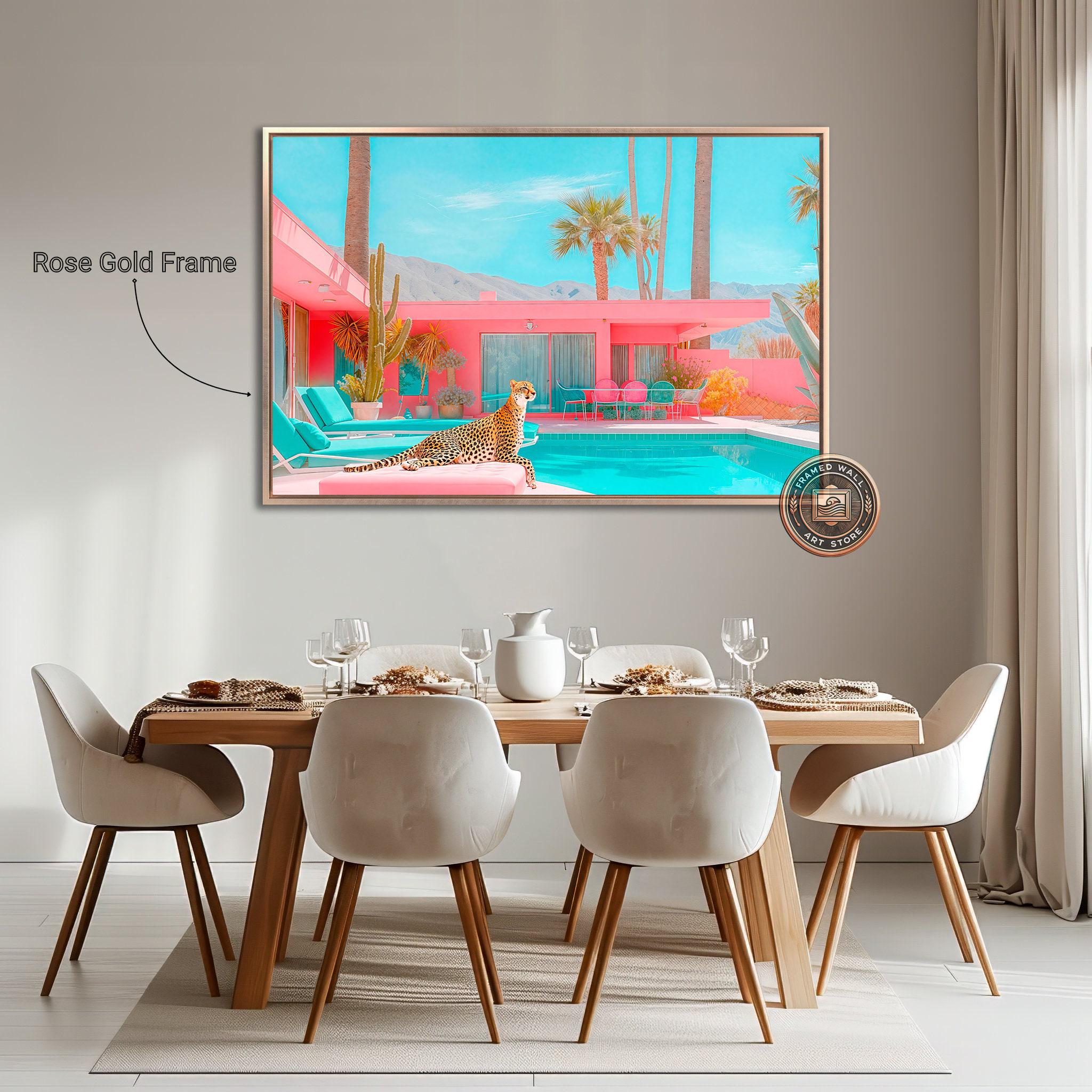 Cheetah by the Pool Framed Canvas Wall Art Palm Springs Pink House Print Mid Century Modern Wall Decor Large Chic Retro Poster Ready to Hang